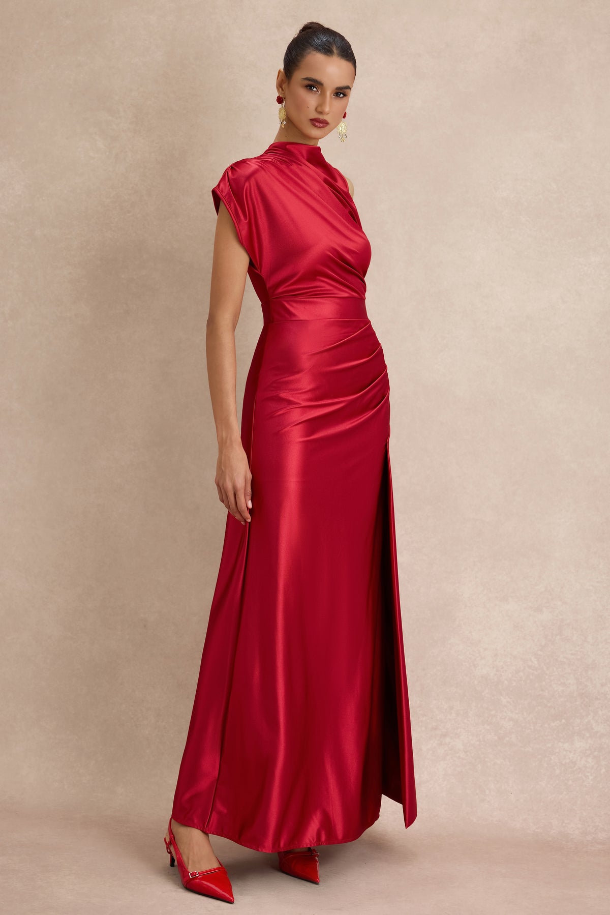 Solid Satin Ruched Maxi Dress