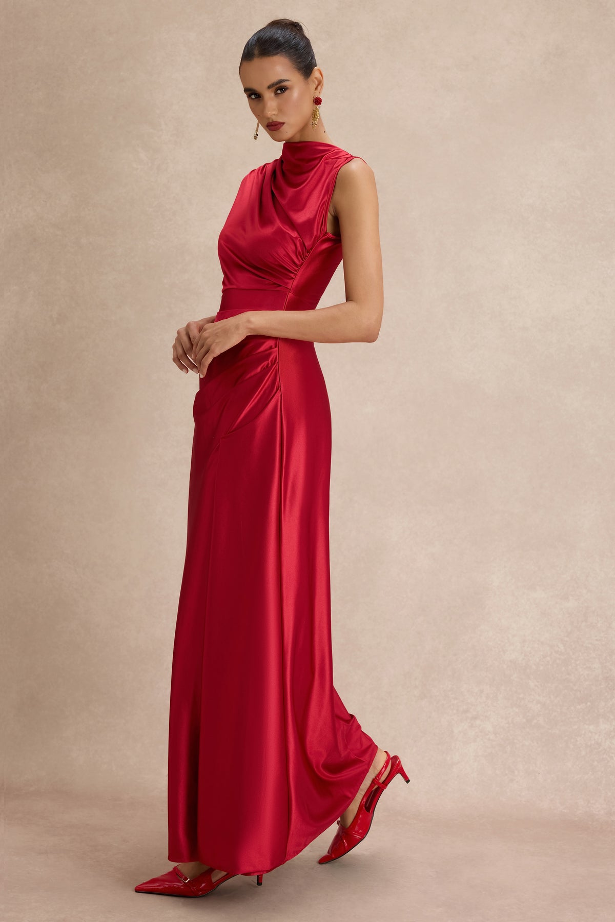 Solid Satin Ruched Maxi Dress