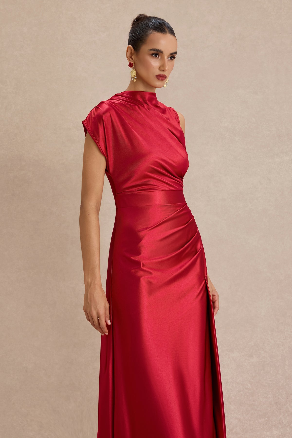 Solid Satin Ruched Maxi Dress