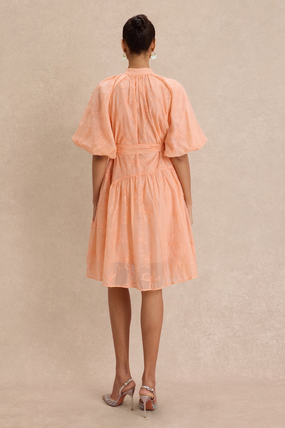 Embroidered Rhinestone Puff Sleeve Mini Dress