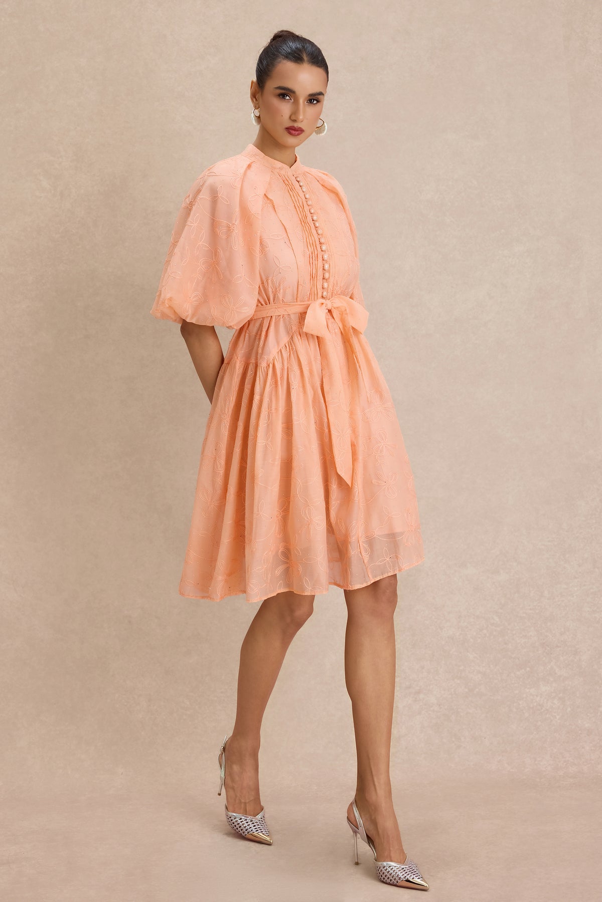 Embroidered Rhinestone Puff Sleeve Mini Dress