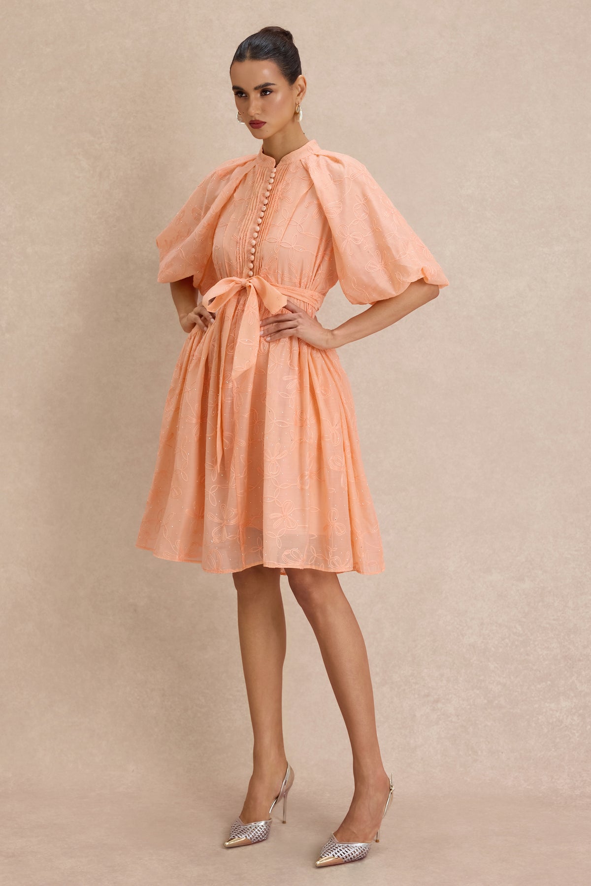 Embroidered Rhinestone Puff Sleeve Mini Dress