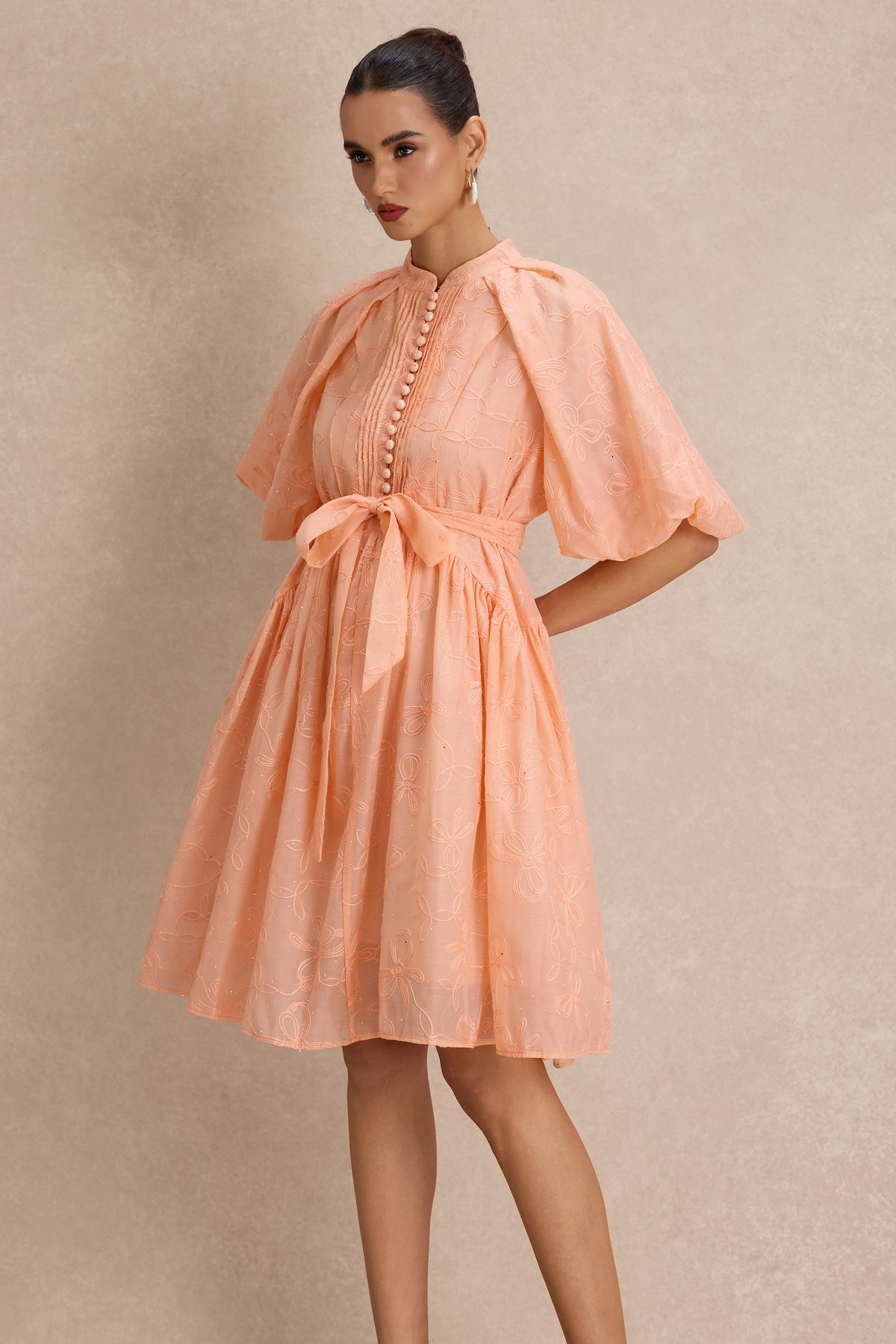 Embroidered Rhinestone Puff Sleeve Mini Dress