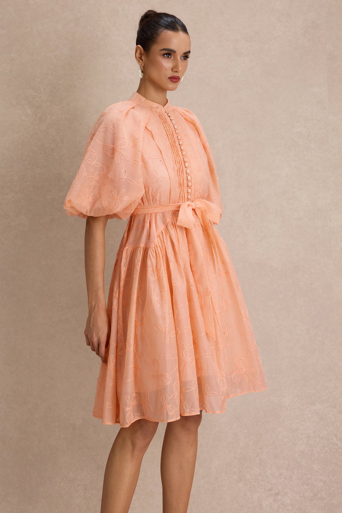 Embroidered Rhinestone Puff Sleeve Mini Dress
