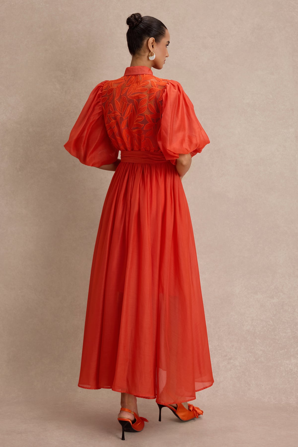 Embroidered Puff Sleeve Flapped Midi Dress
