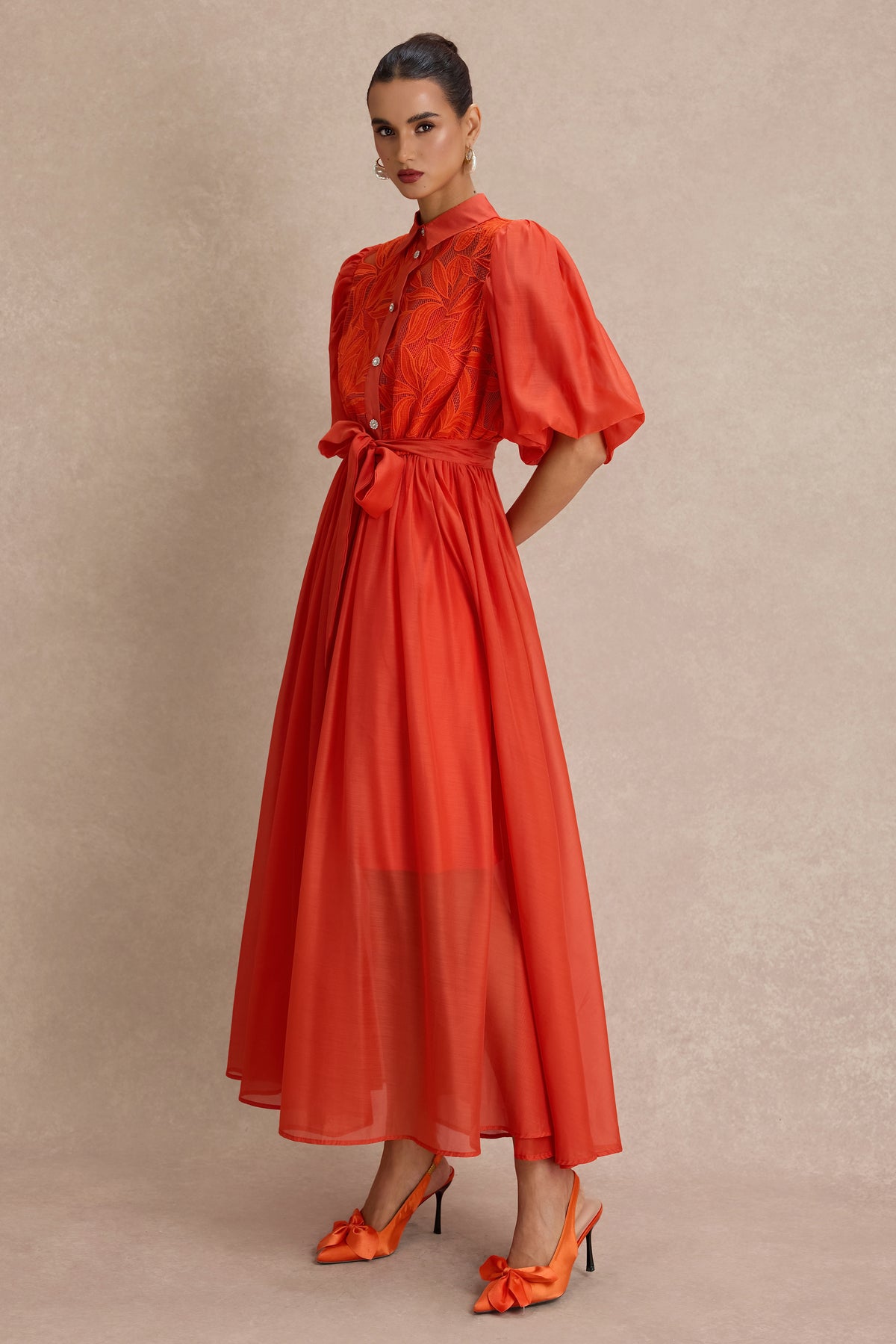 Embroidered Puff Sleeve Flapped Midi Dress