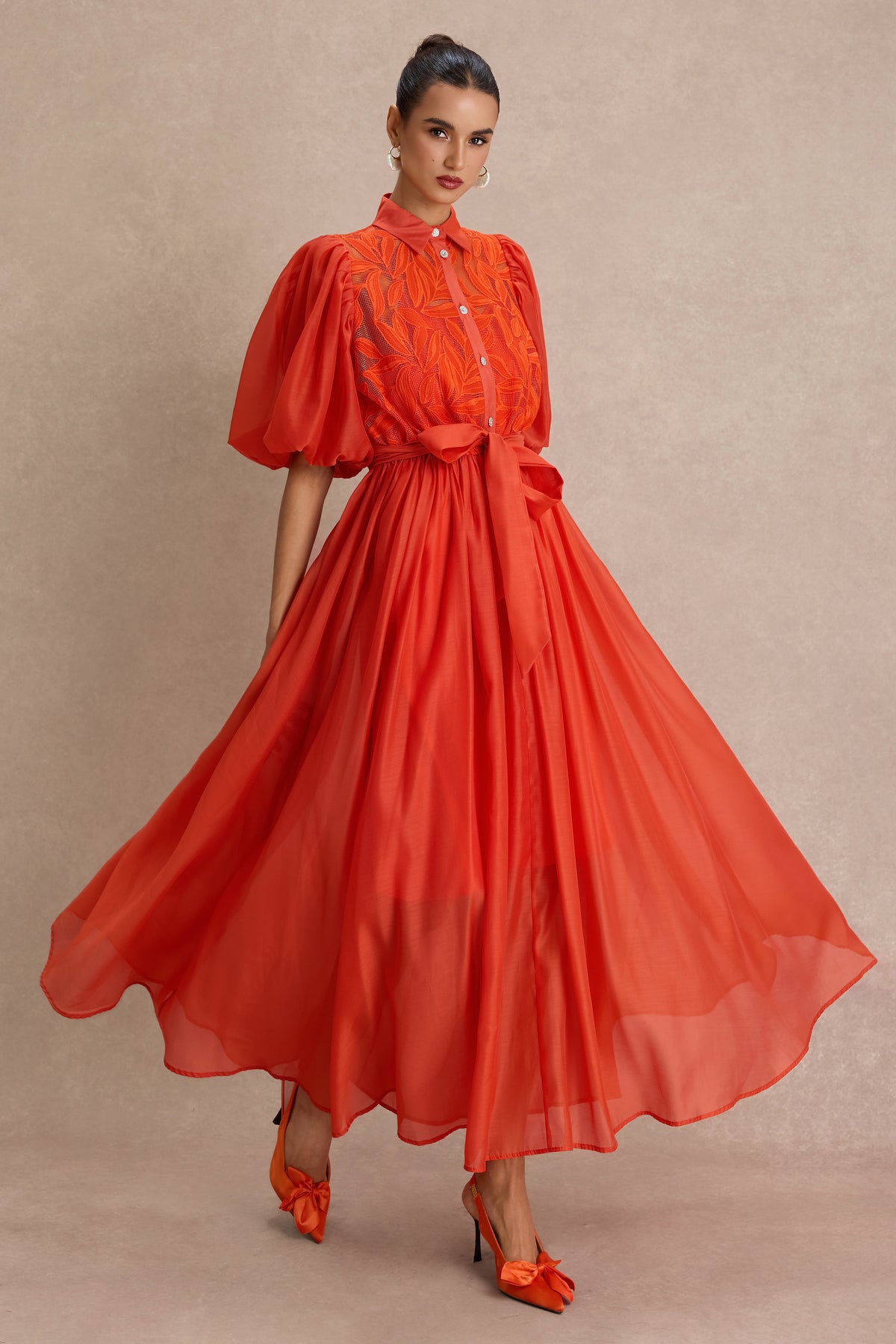 Embroidered Puff Sleeve Flapped Midi Dress
