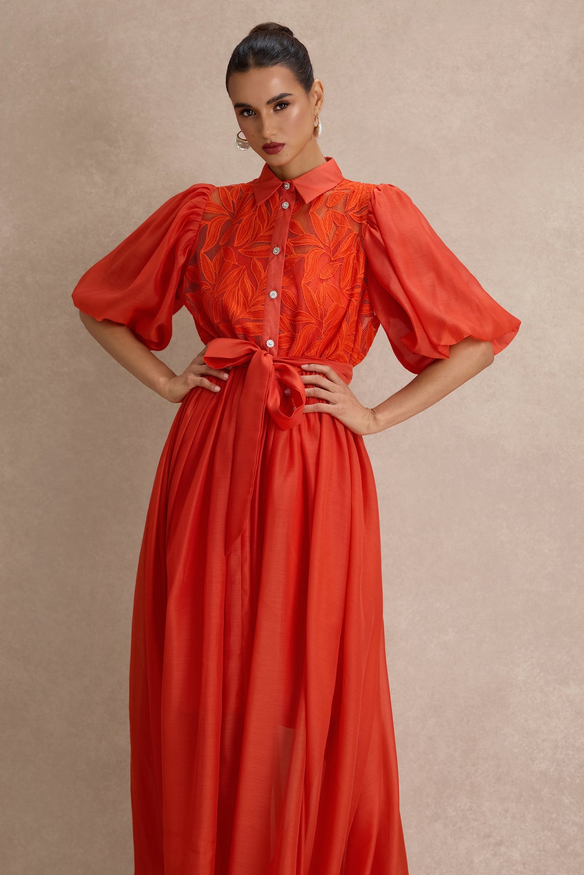 Embroidered Puff Sleeve Flapped Midi Dress