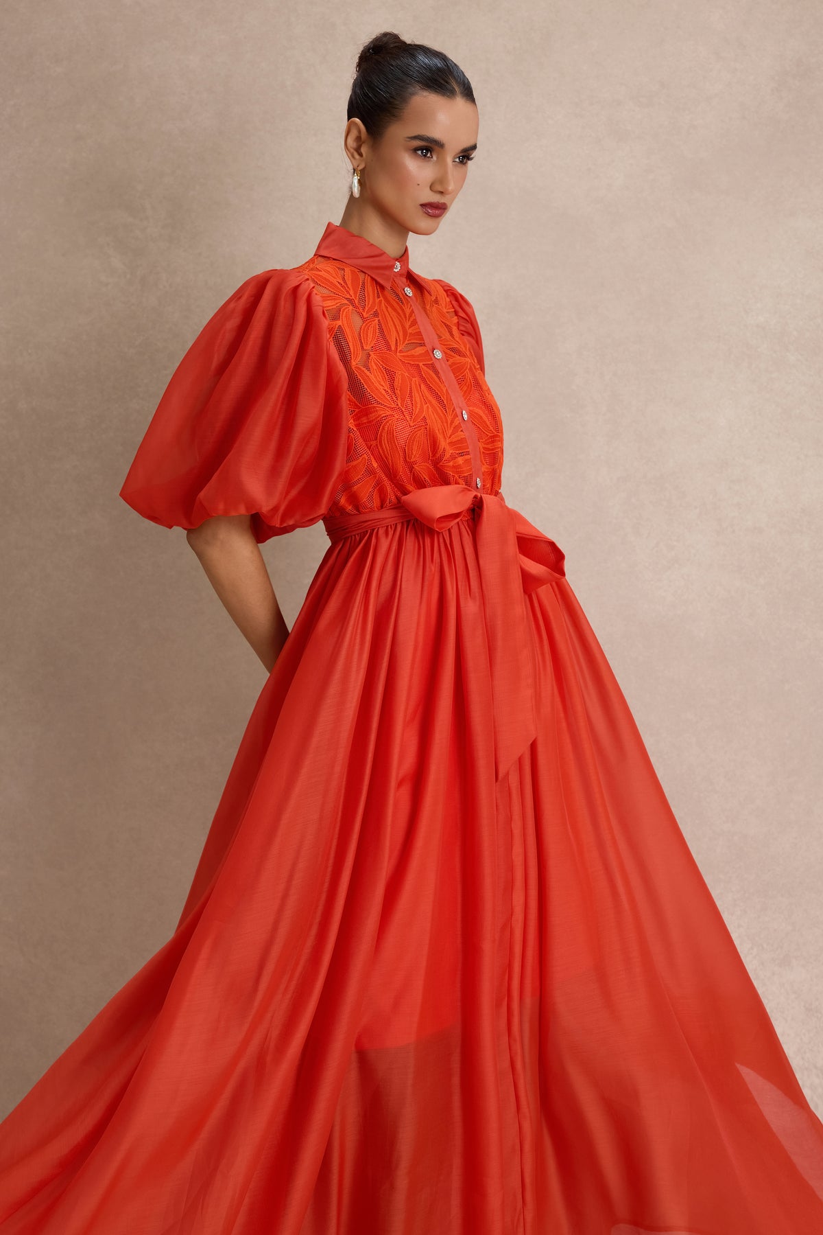 Embroidered Puff Sleeve Flapped Midi Dress