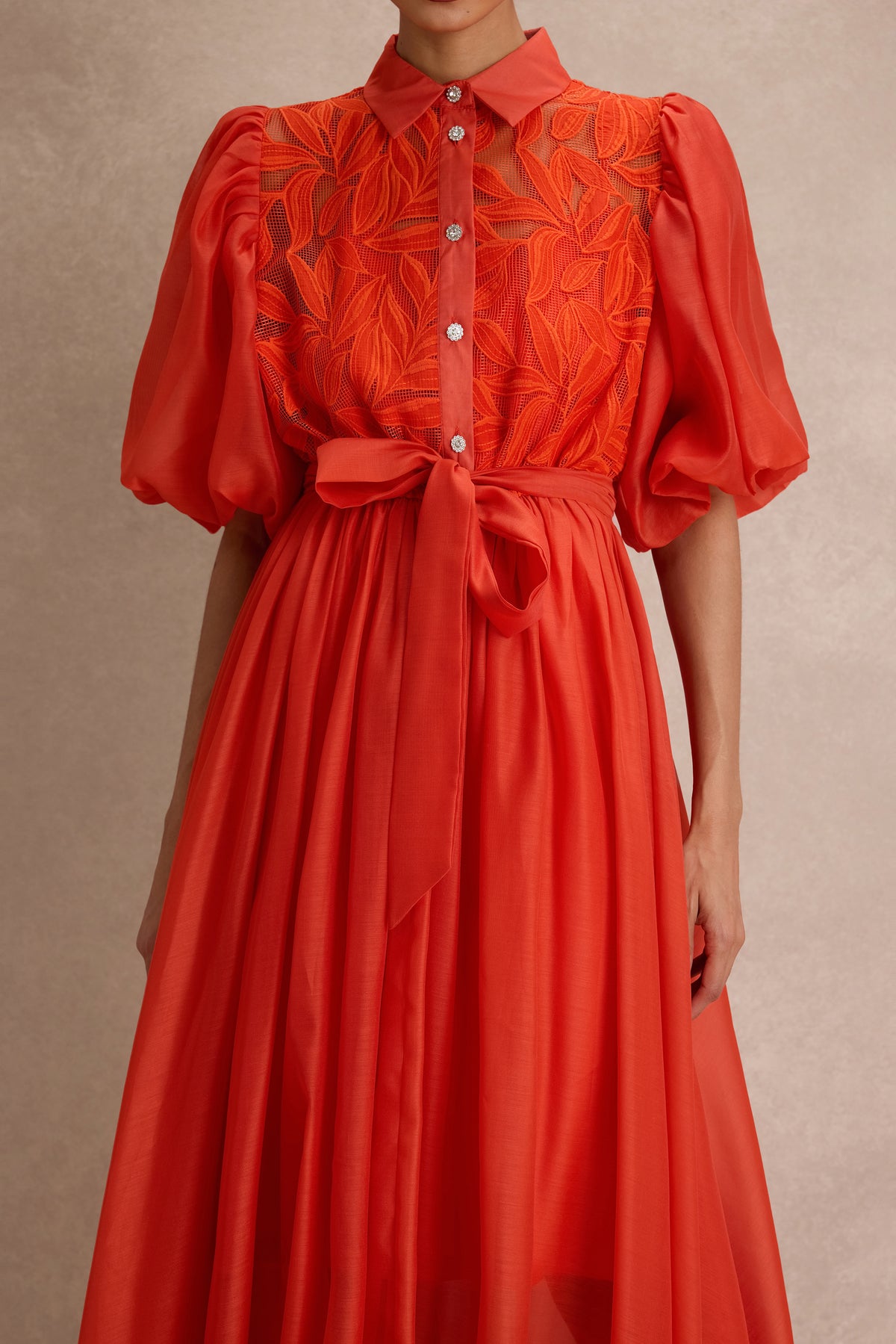 Embroidered Puff Sleeve Flapped Midi Dress