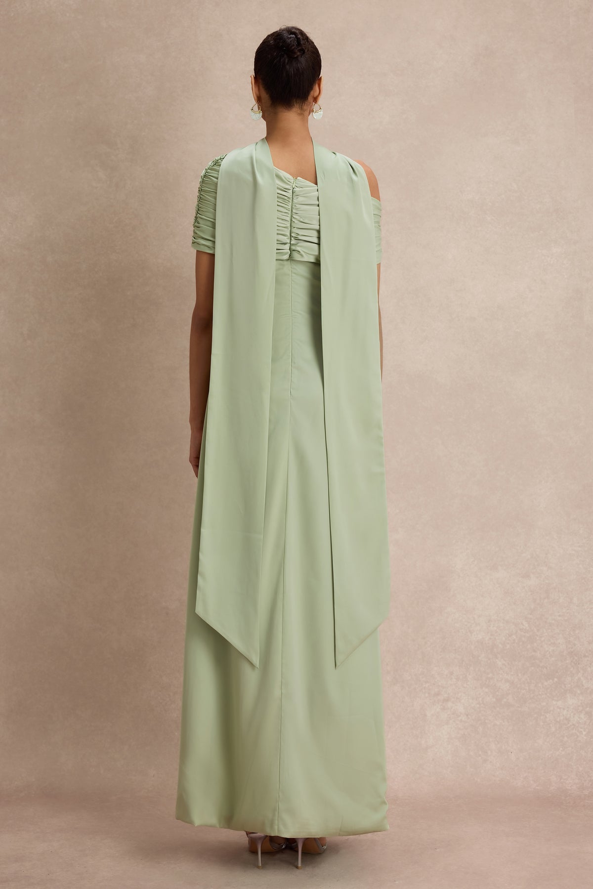 Satin Gathering Skew Collar Maxi Dress