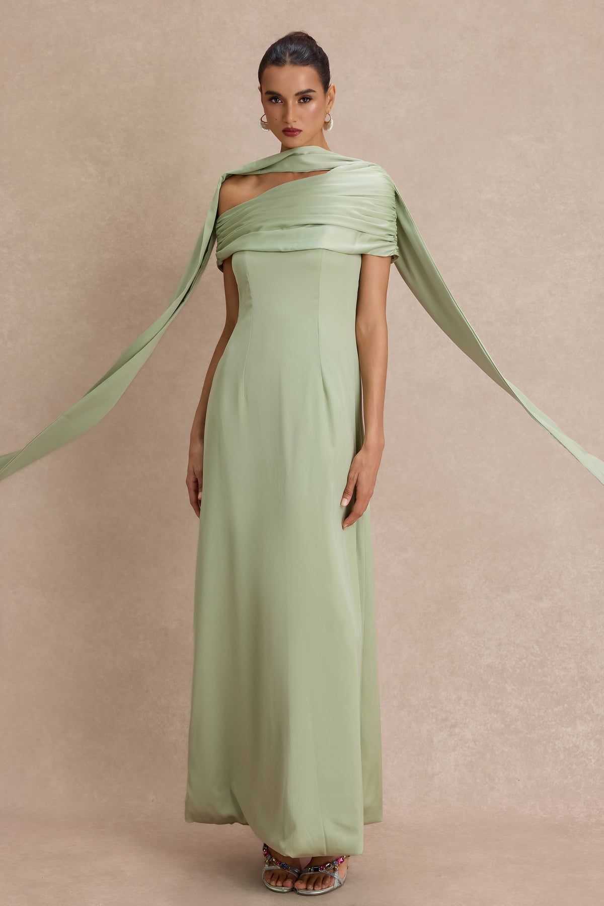 Satin Gathering Skew Collar Maxi Dress