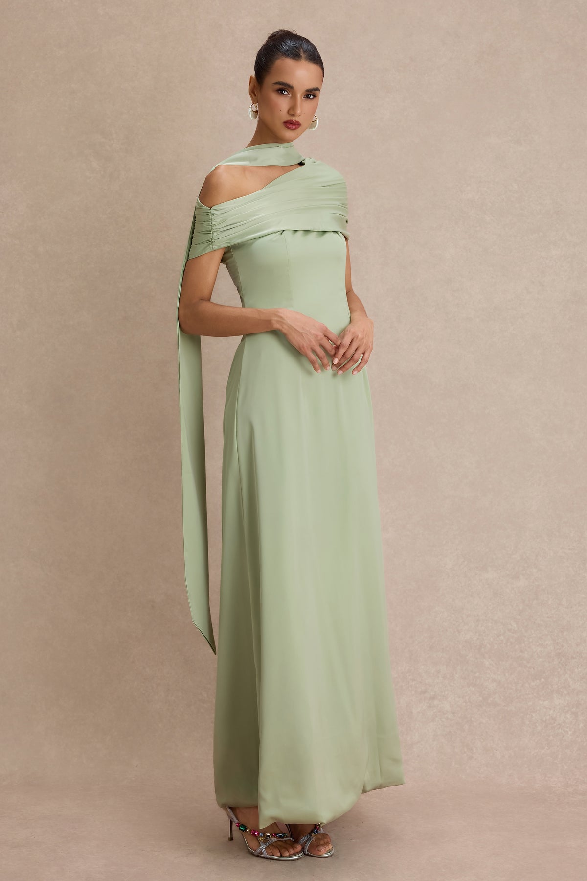 Satin Gathering Skew Collar Maxi Dress