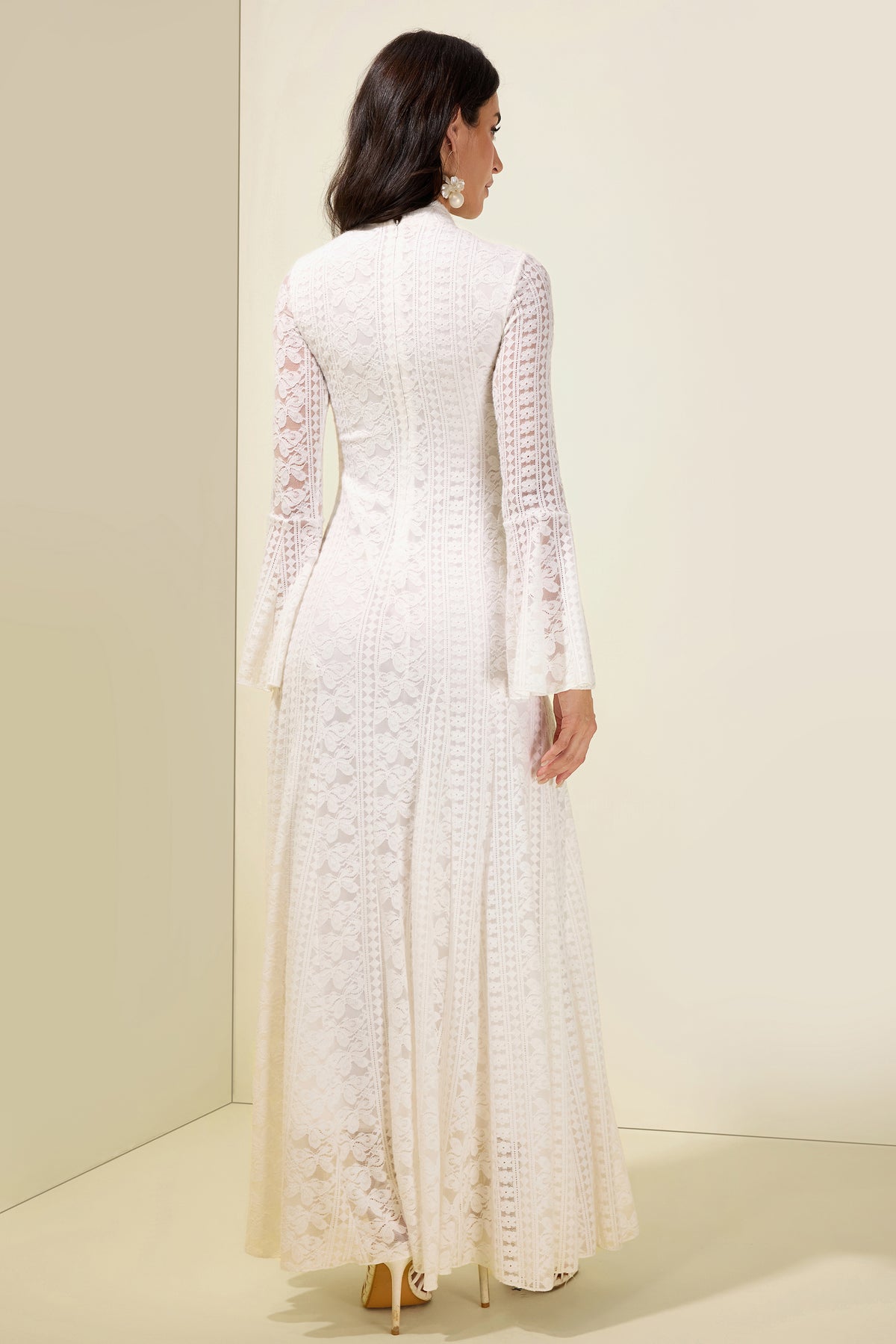 Lace Bell Sleeve Stand Collar Maxi Dress