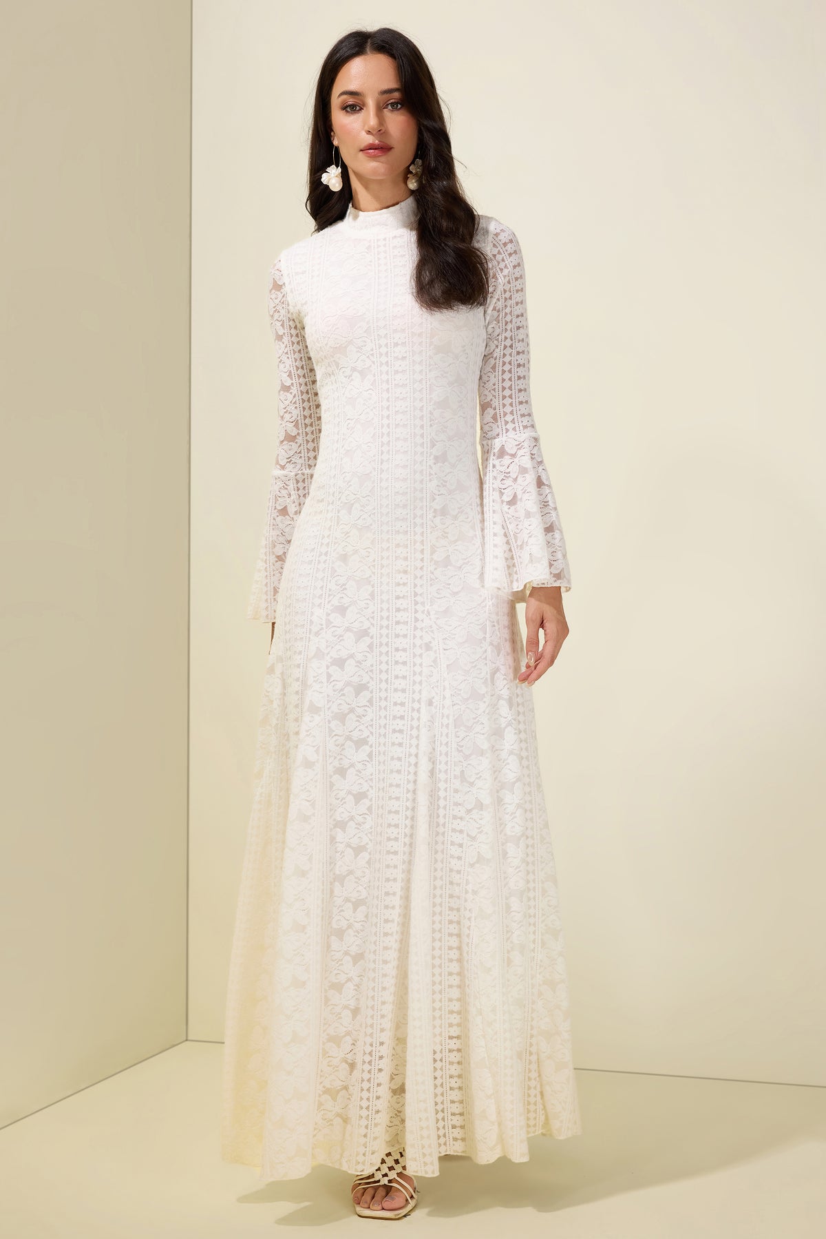 Lace Bell Sleeve Stand Collar Maxi Dress