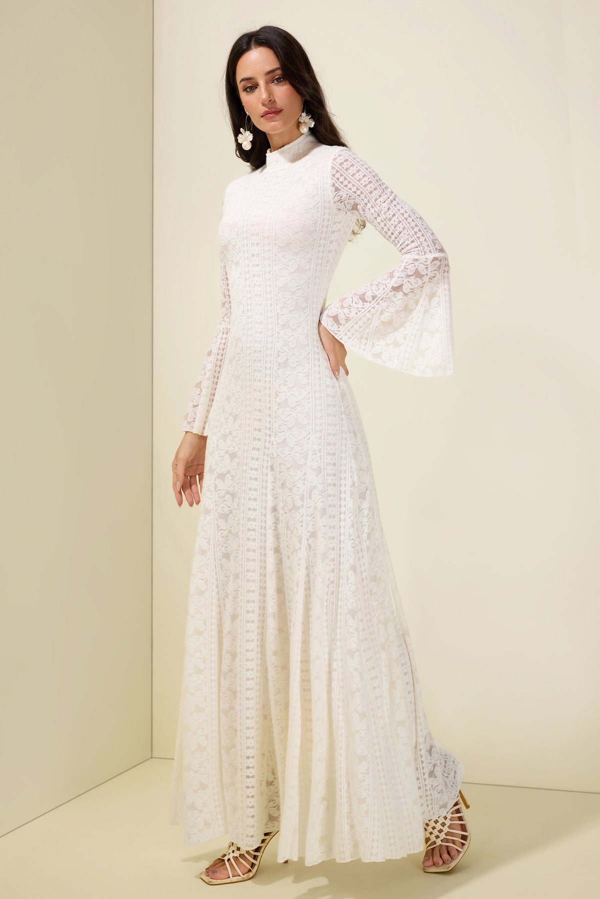 Lace Bell Sleeve Stand Collar Maxi Dress