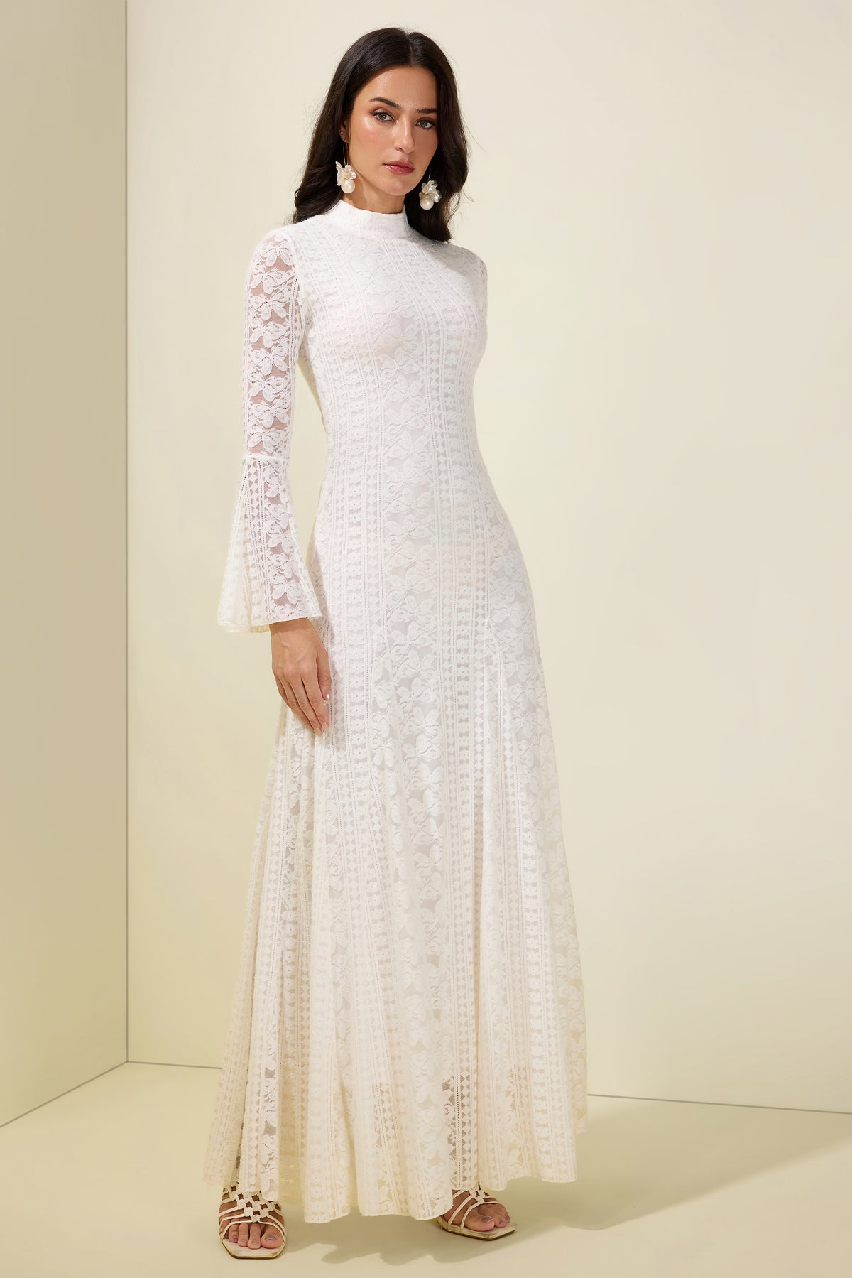 Lace Bell Sleeve Stand Collar Maxi Dress
