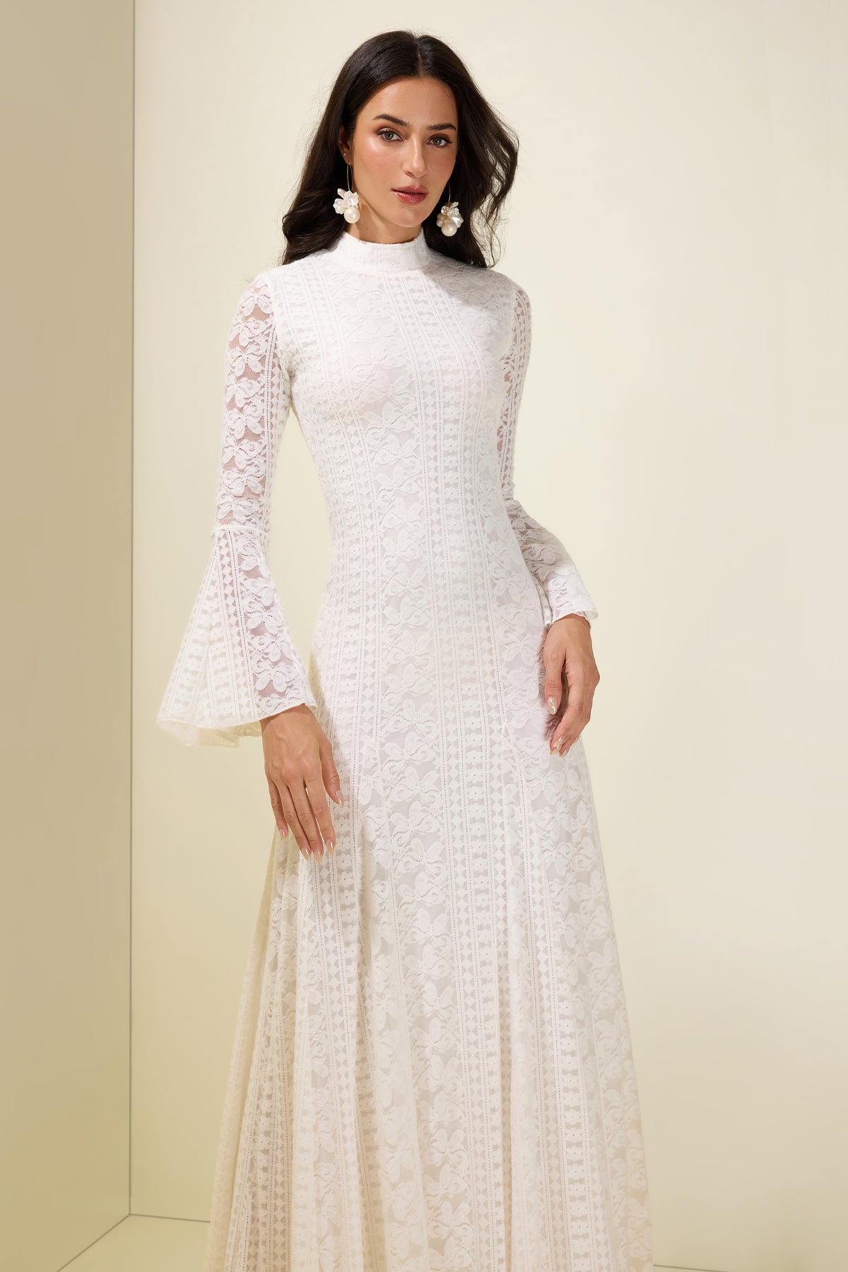 Lace Bell Sleeve Stand Collar Maxi Dress