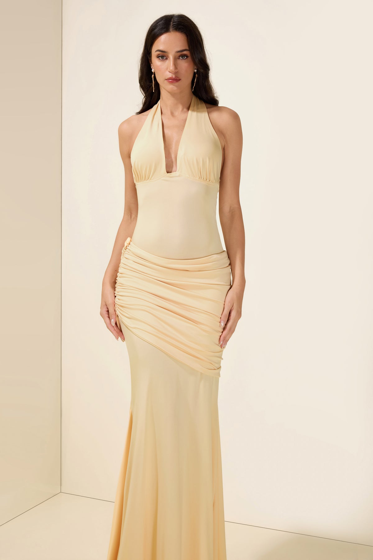 Solid Ruched Halter Neck Maxi Dress