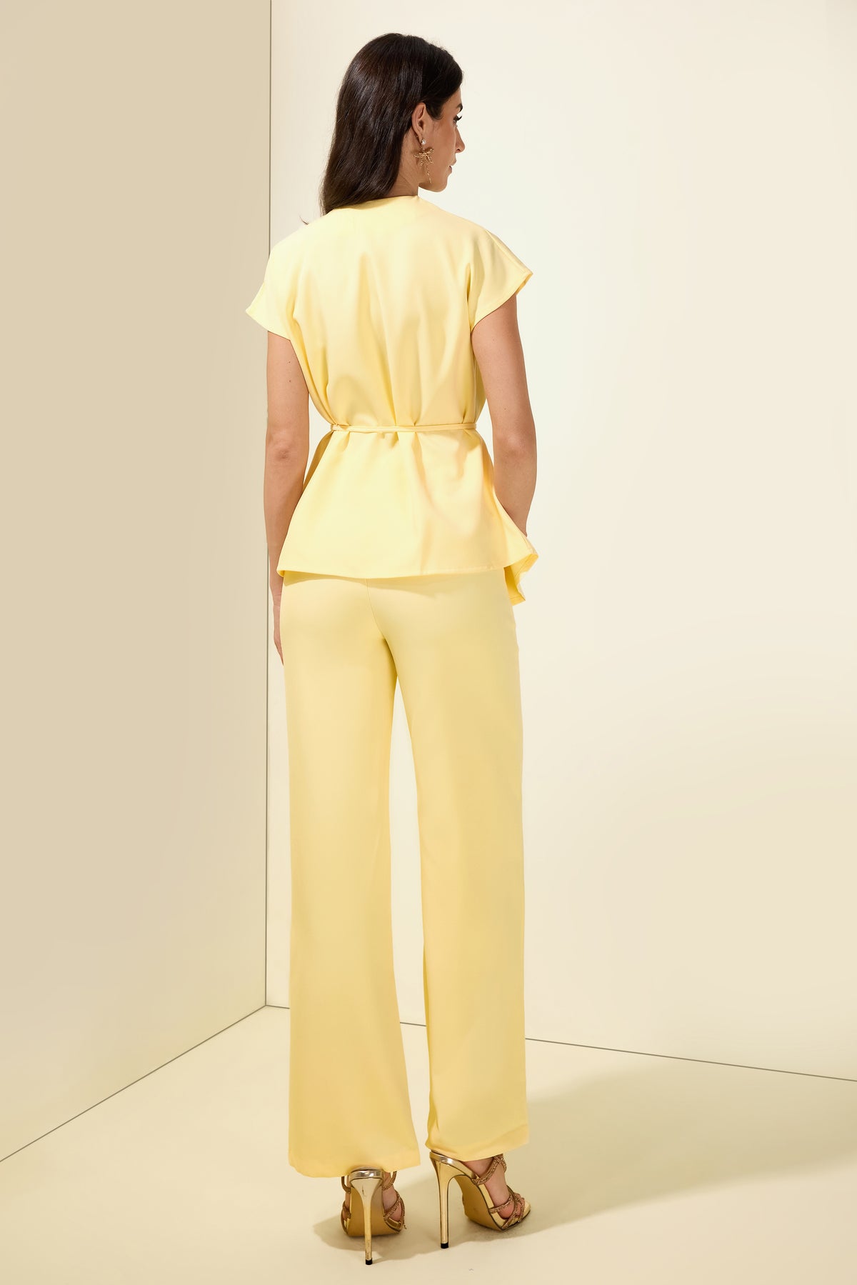 Metal Button V-Neck Top & High Waist Pants Set