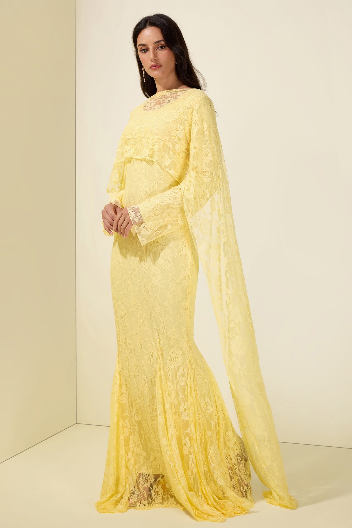 Lace Long Sleeve Maxi Dress With Cape