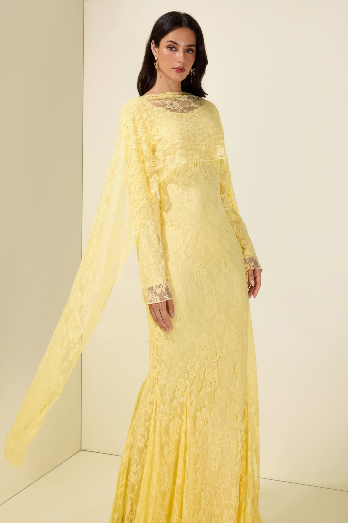 Lace Long Sleeve Maxi Dress With Cape