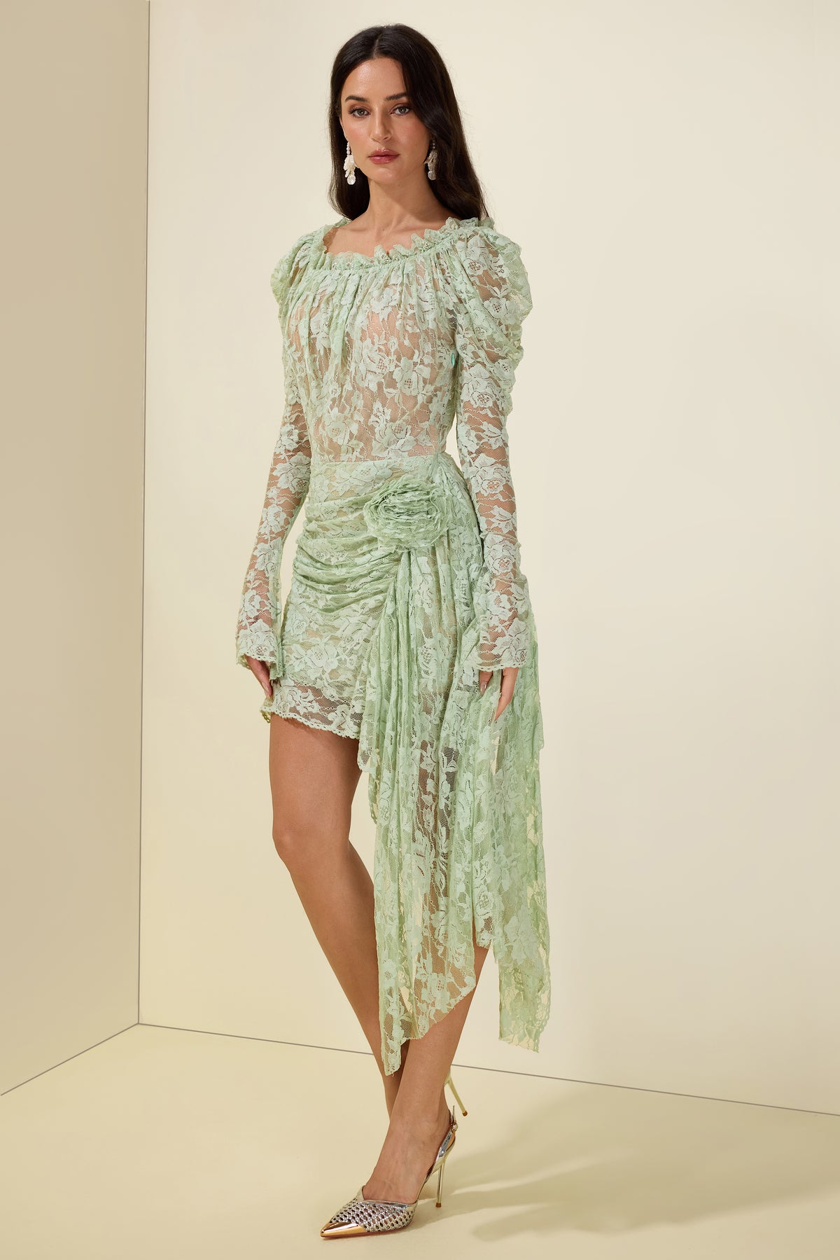 Lace 3D Floral Off-Shoulder Long Sleeve Mini Dress