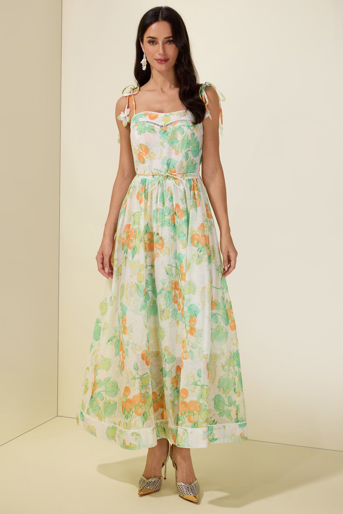 Tomato Print Lace-Up Smocking Midi Dress