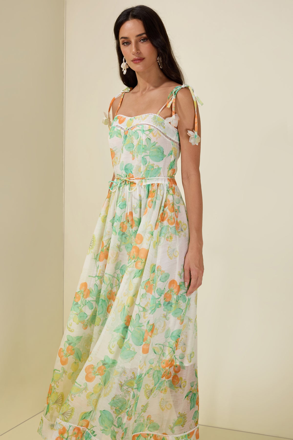 Tomato Print Lace-Up Smocking Midi Dress