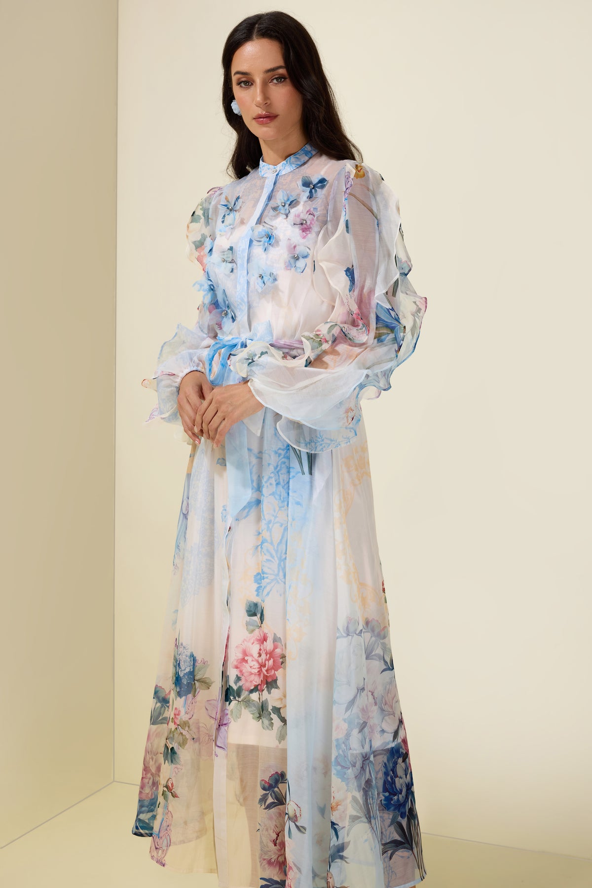3D Flower Frill Long Sleeve Midi Dress
