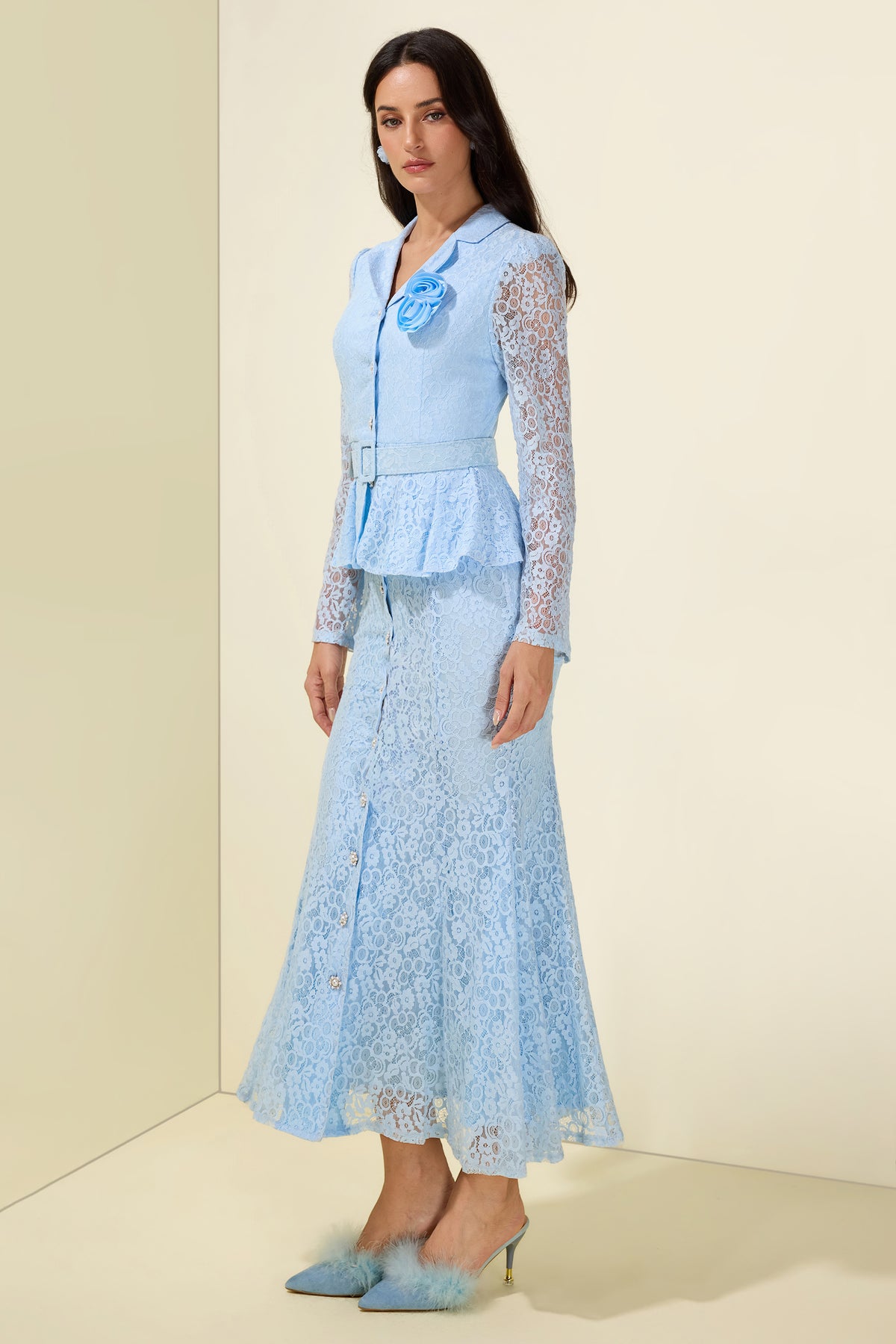 Lace 3D Floral Ruffle Bodycon Midi Dress