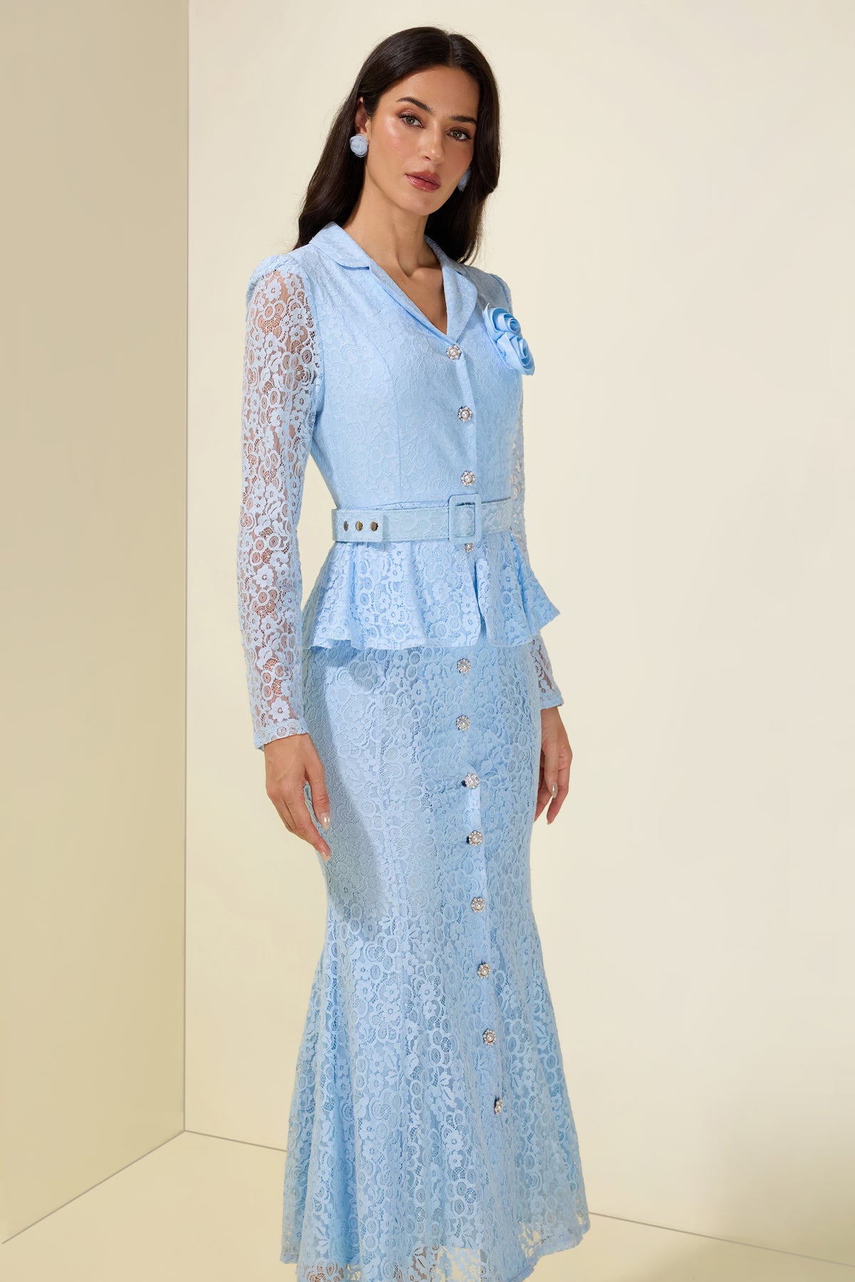 Lace 3D Floral Ruffle Bodycon Midi Dress
