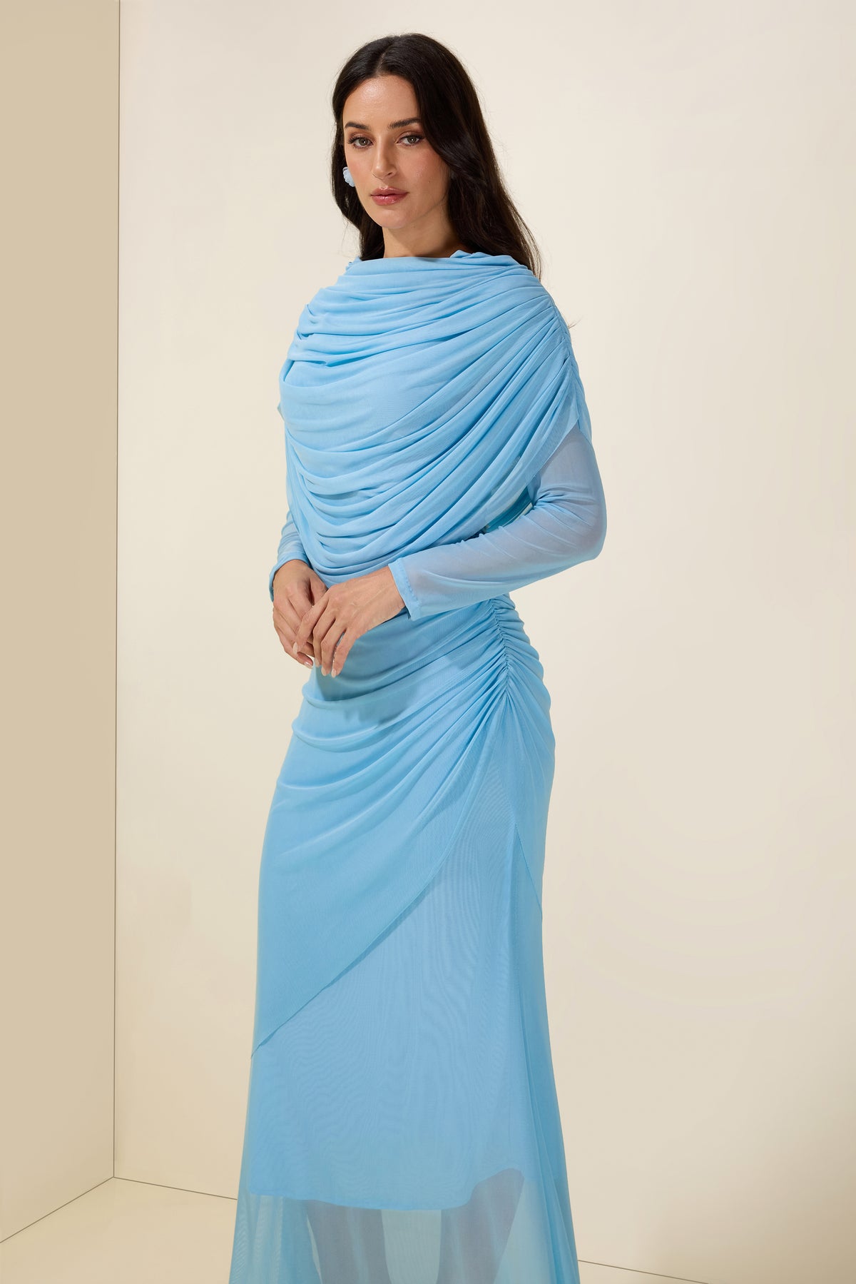 Solid Gathering One Shoulder  Maxi Dress
