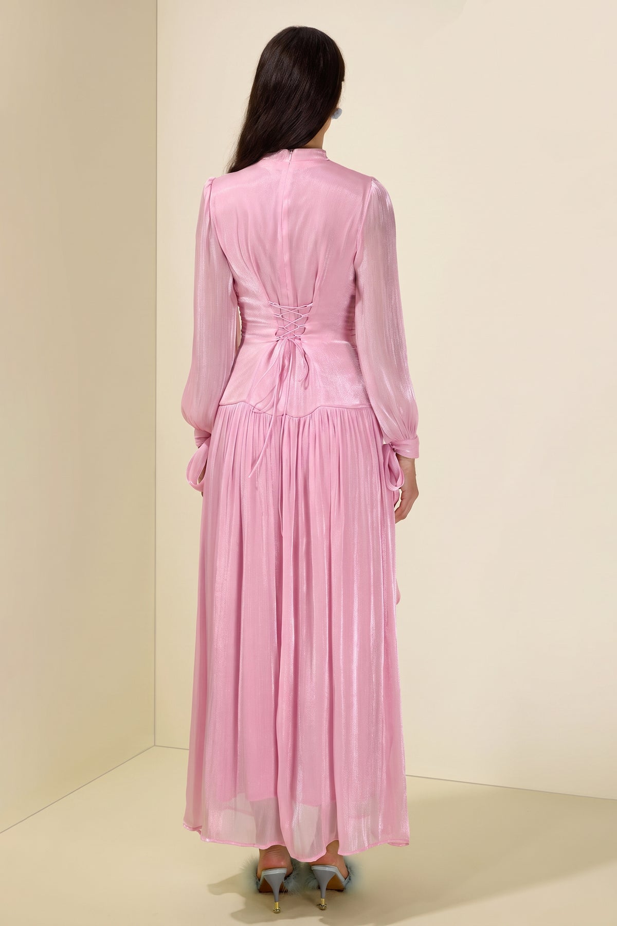 Stand Collar Long Sleeve Gathering Bodycon Maxi Dress
