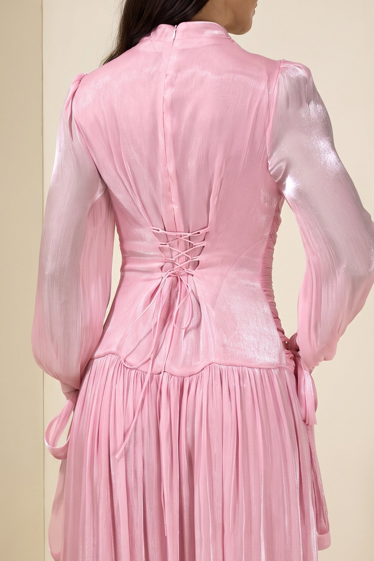 Stand Collar Long Sleeve Gathering Bodycon Maxi Dress