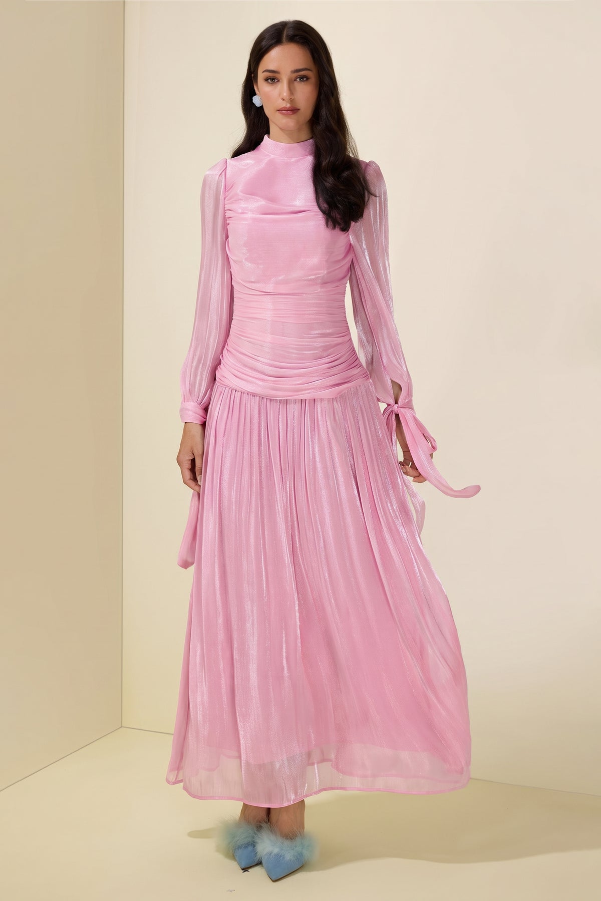Stand Collar Long Sleeve Gathering Bodycon Maxi Dress