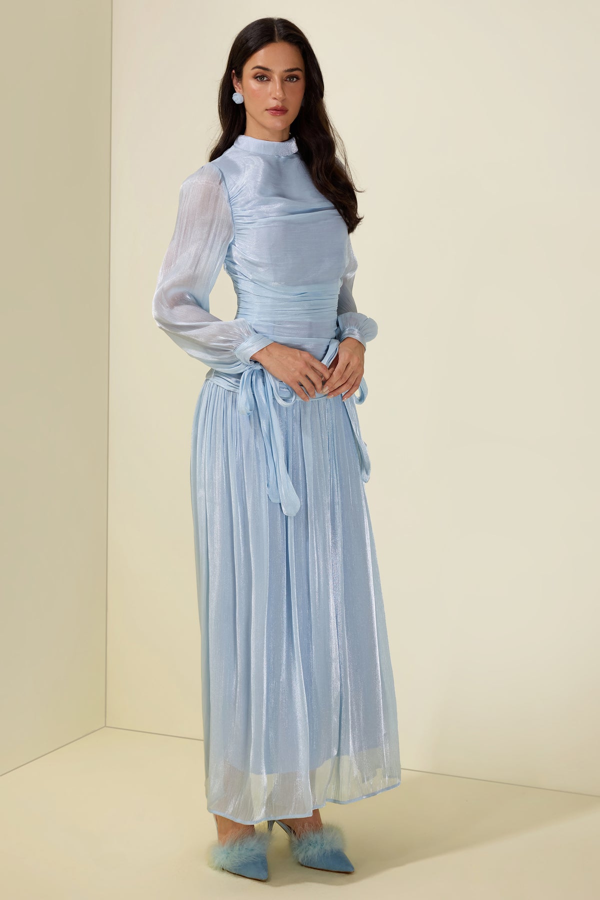 Stand Collar Long Sleeve Gathering Bodycon Maxi Dress