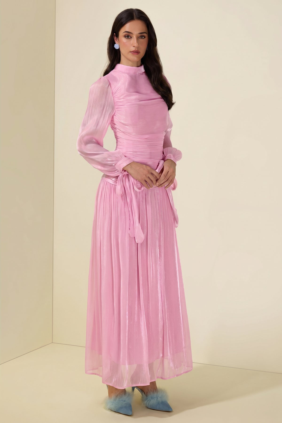 Stand Collar Long Sleeve Gathering Bodycon Maxi Dress