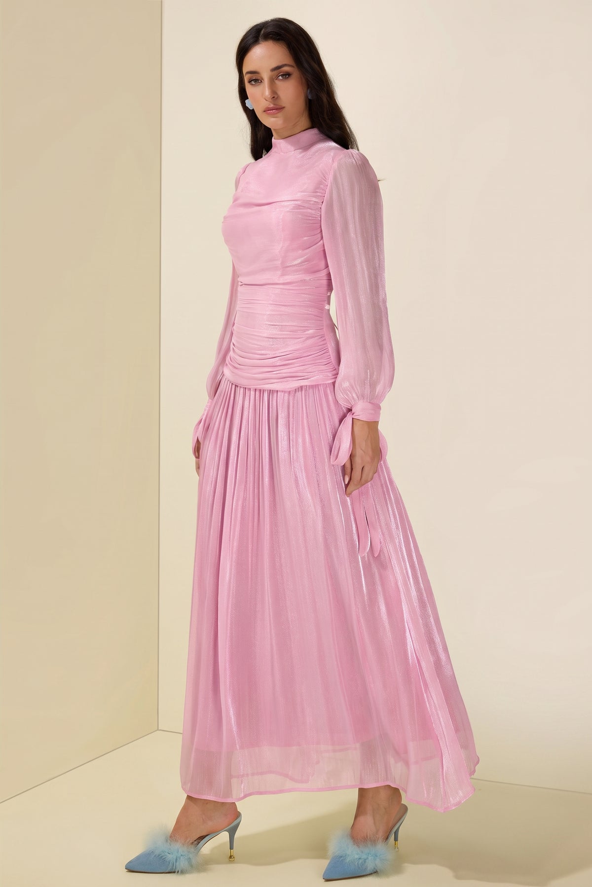 Stand Collar Long Sleeve Gathering Bodycon Maxi Dress