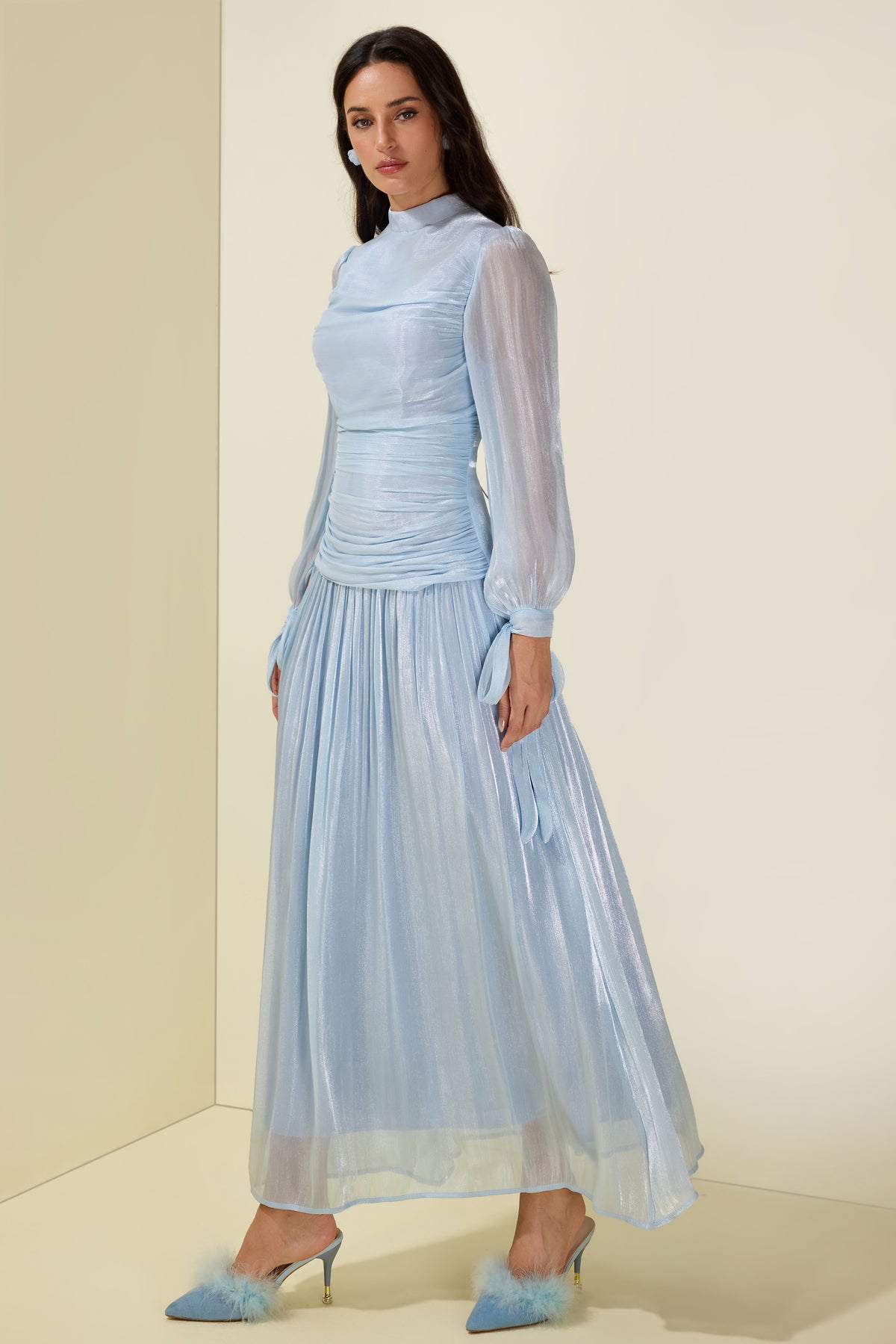 Stand Collar Long Sleeve Gathering Bodycon Maxi Dress