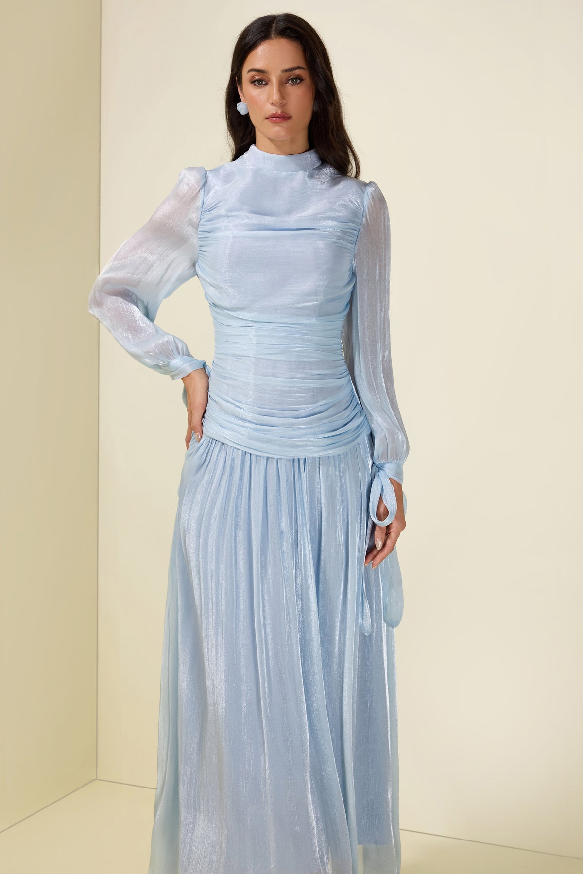 Stand Collar Long Sleeve Gathering Bodycon Maxi Dress
