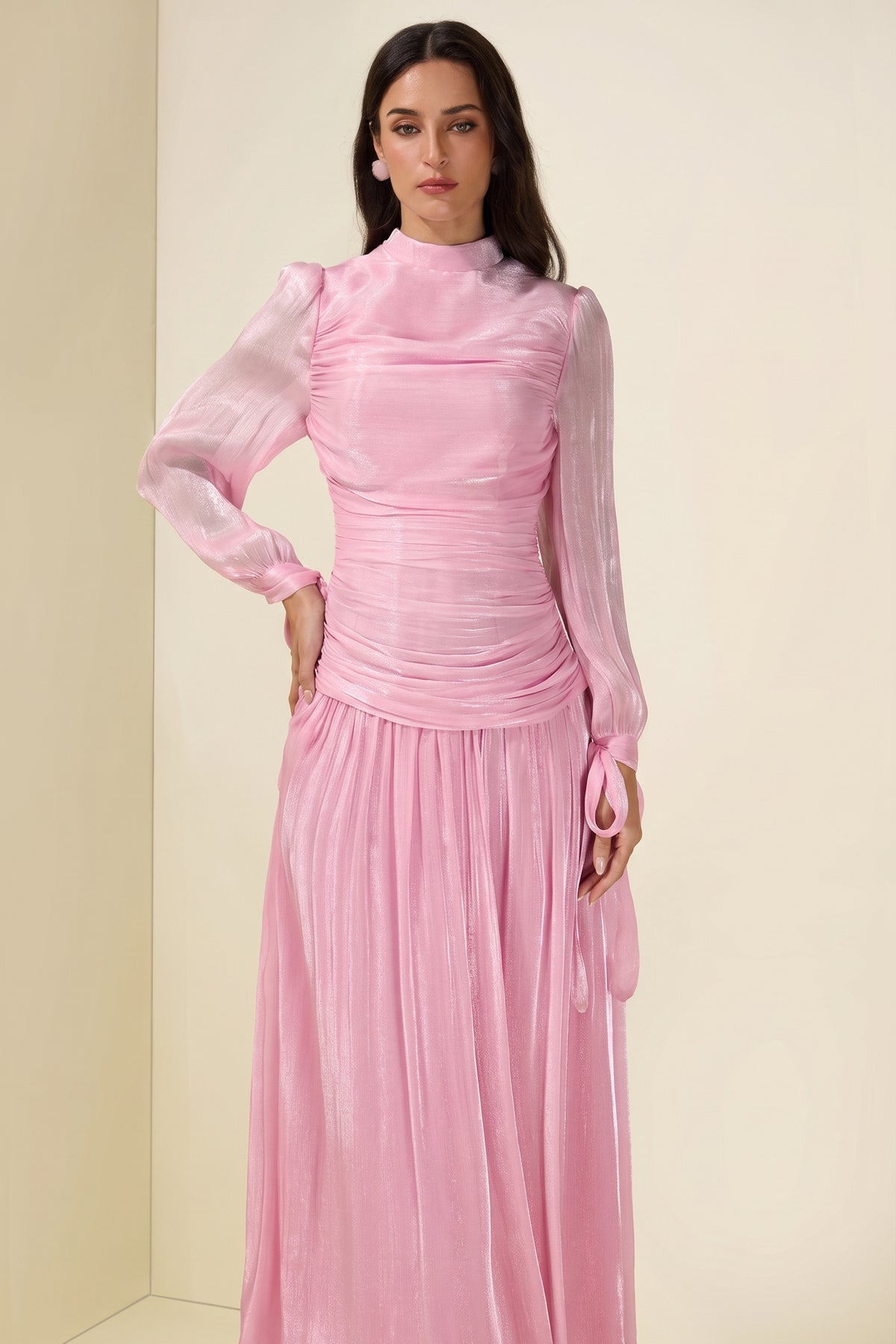 Stand Collar Long Sleeve Gathering Bodycon Maxi Dress