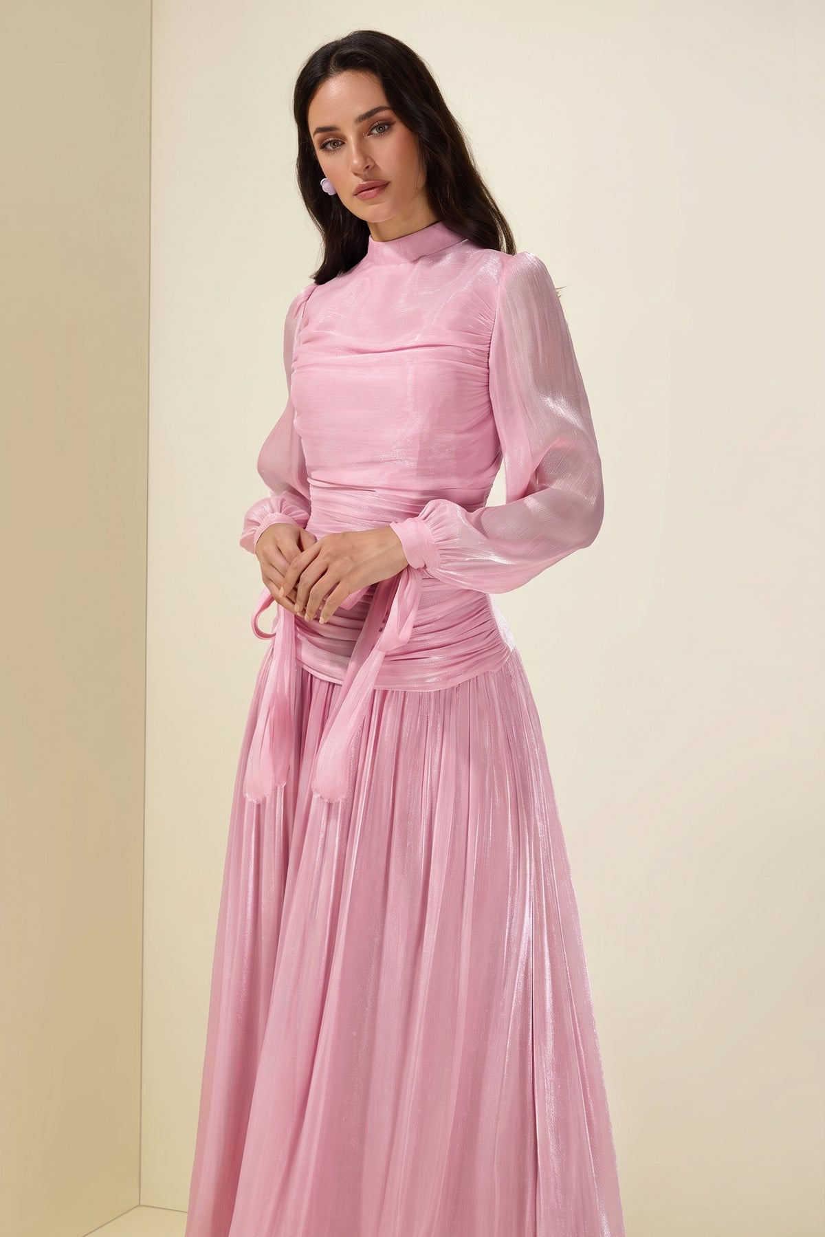 Stand Collar Long Sleeve Gathering Bodycon Maxi Dress