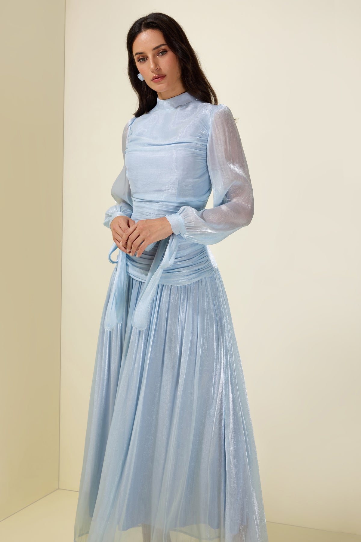 Stand Collar Long Sleeve Gathering Bodycon Maxi Dress