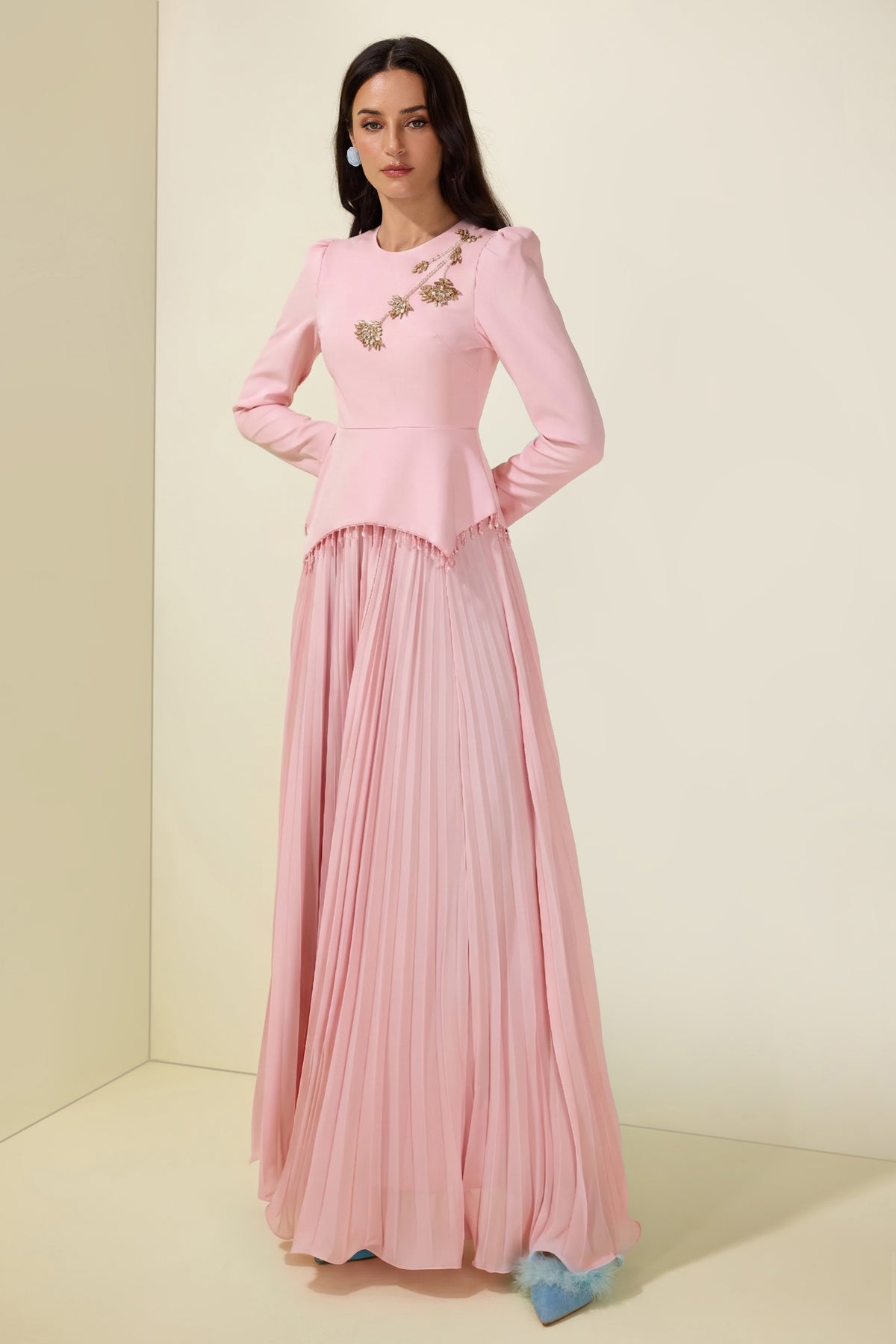 Beaded Tassels Top & High Waist Pleated Midi Skirt Set