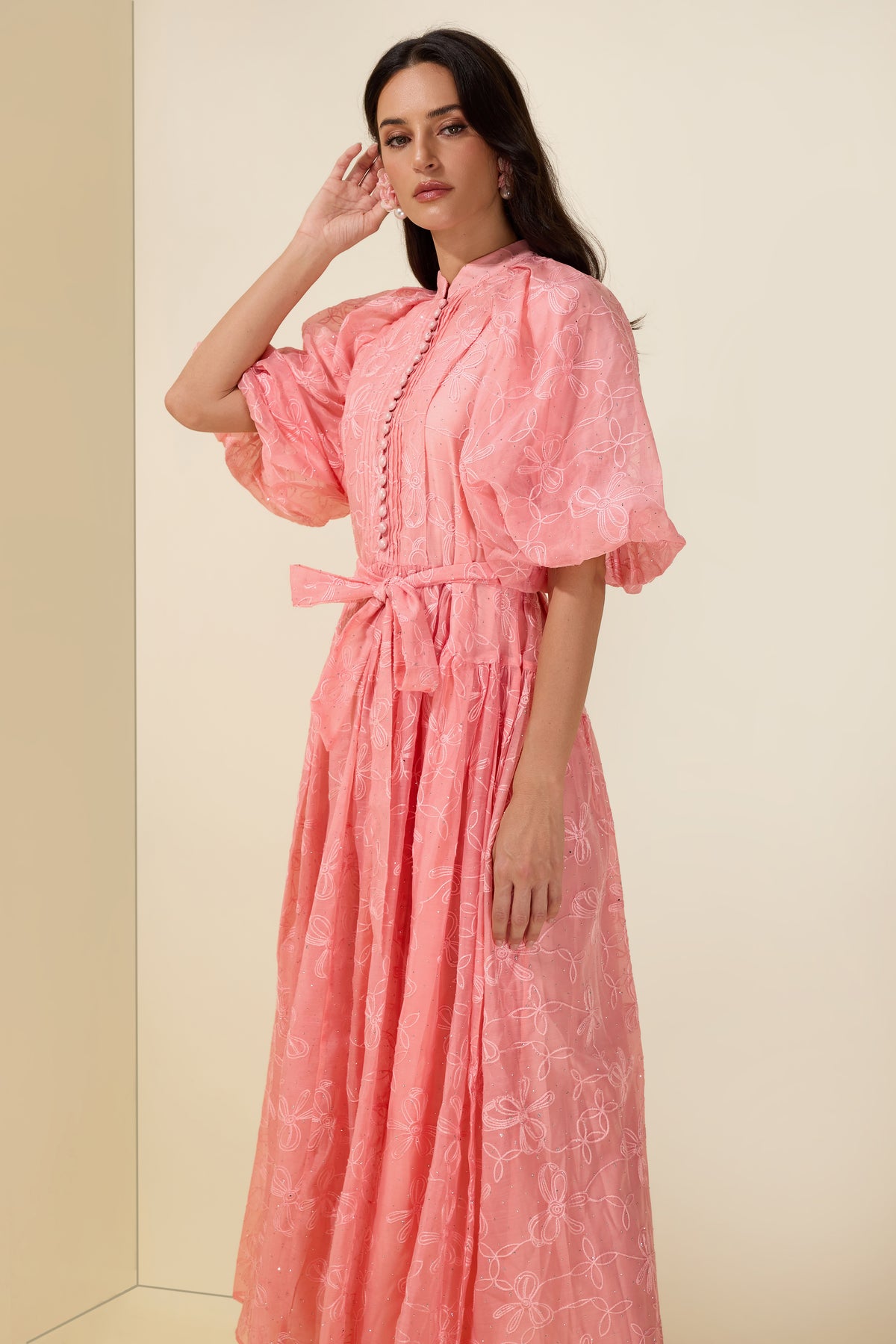 Embroidered Rhinestone Puff Sleeve Midi Dress