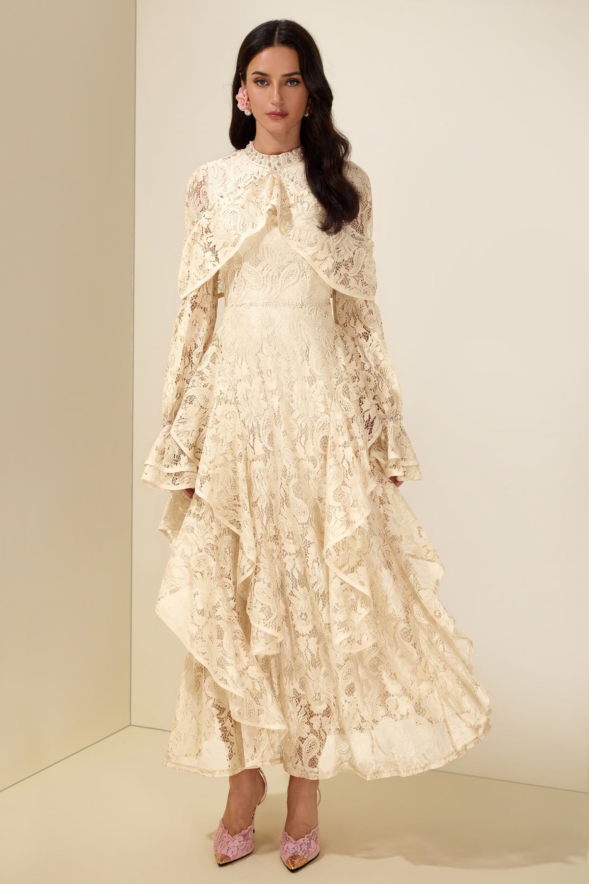 Lace Rhinestone Rivets Ruffle Maxi Dress