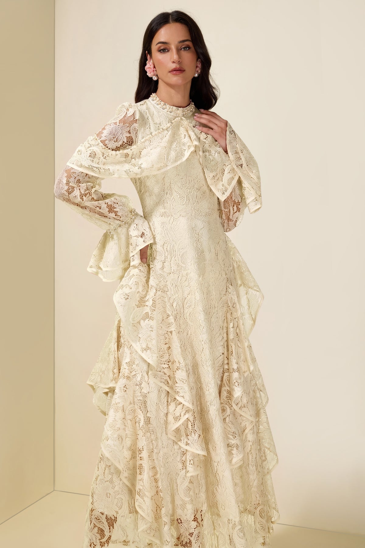 Lace Rhinestone Rivets Ruffle Maxi Dress