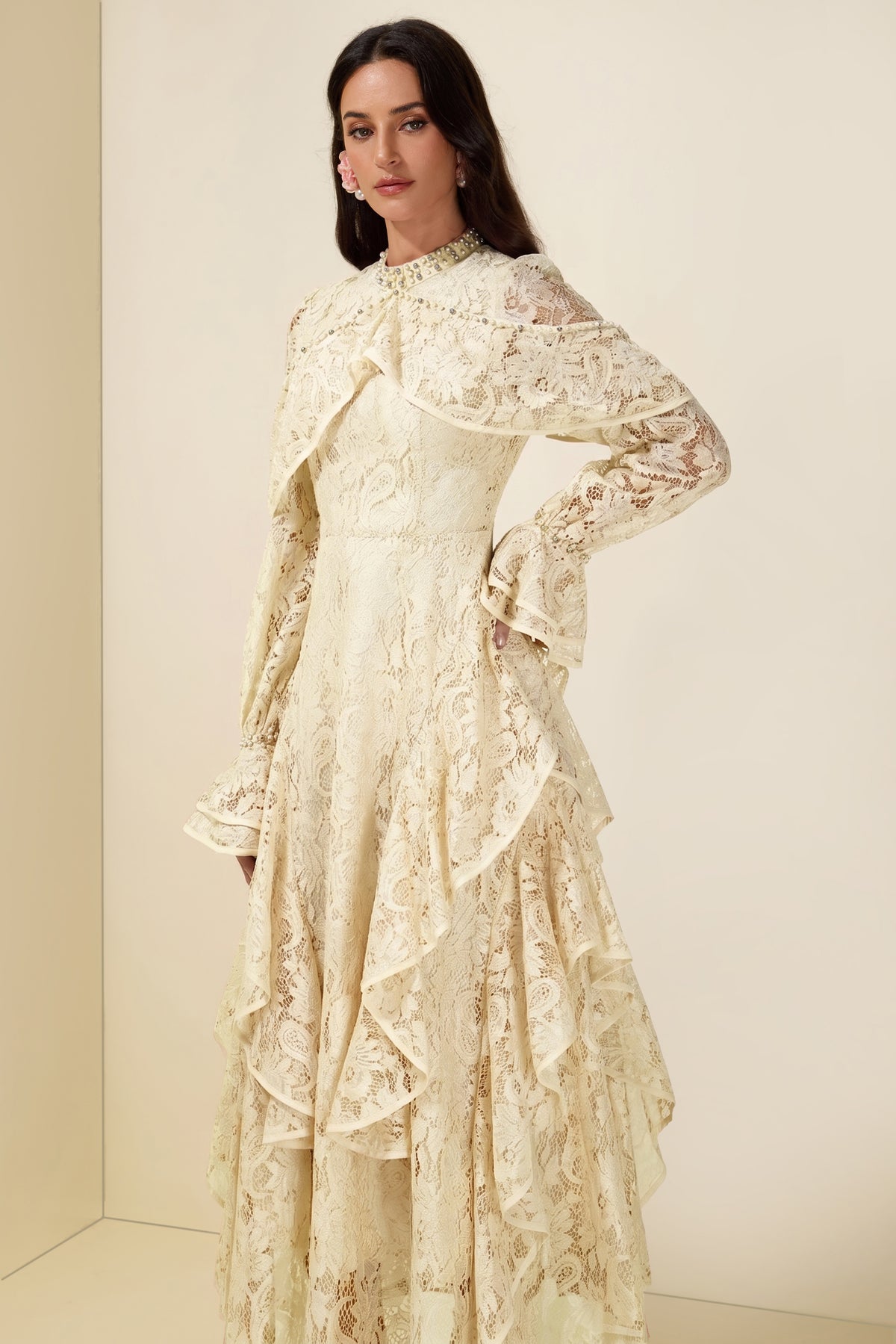 Lace Rhinestone Rivets Ruffle Maxi Dress