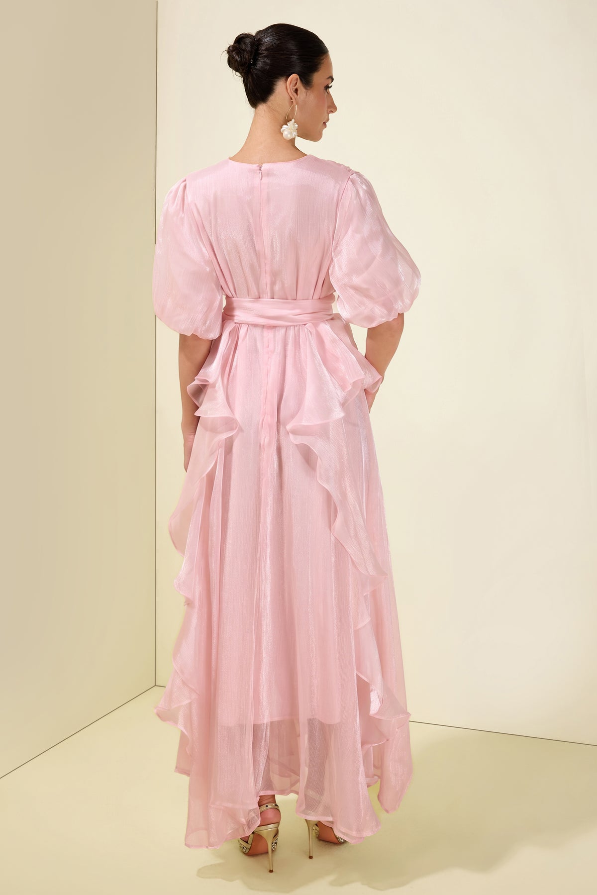 Rhinestone Rivets Ruffle Puff Sleeve Maxi Dress